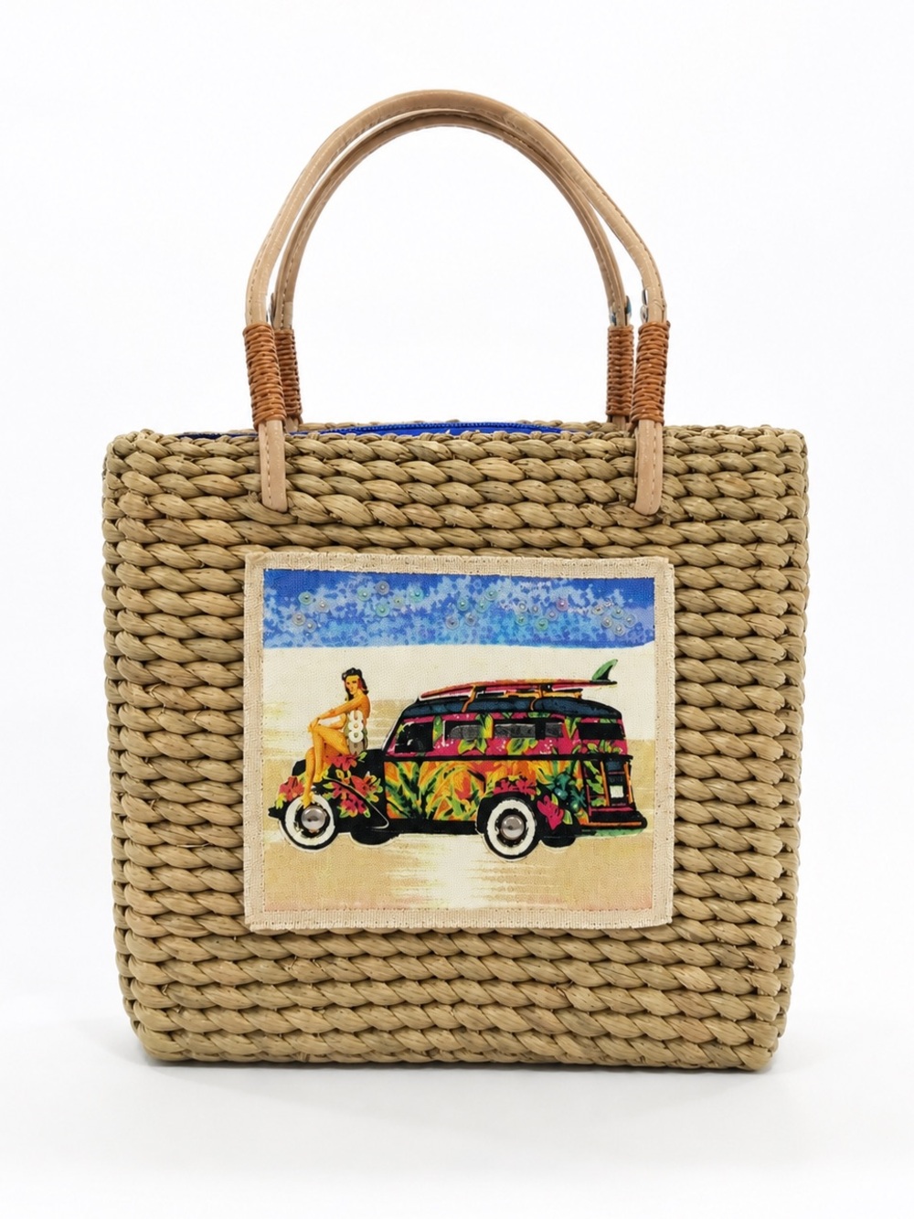VINTAGE Retro Pinup Surf Corn Husk Tropical Surf Straw Raffia Tote Handbag Purse